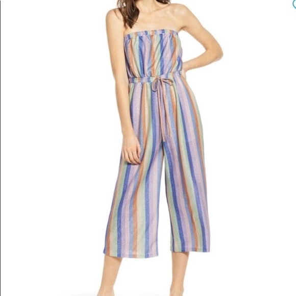 Moon River Pants - Moon River Strapless Striped Jumpsuit Size Large
